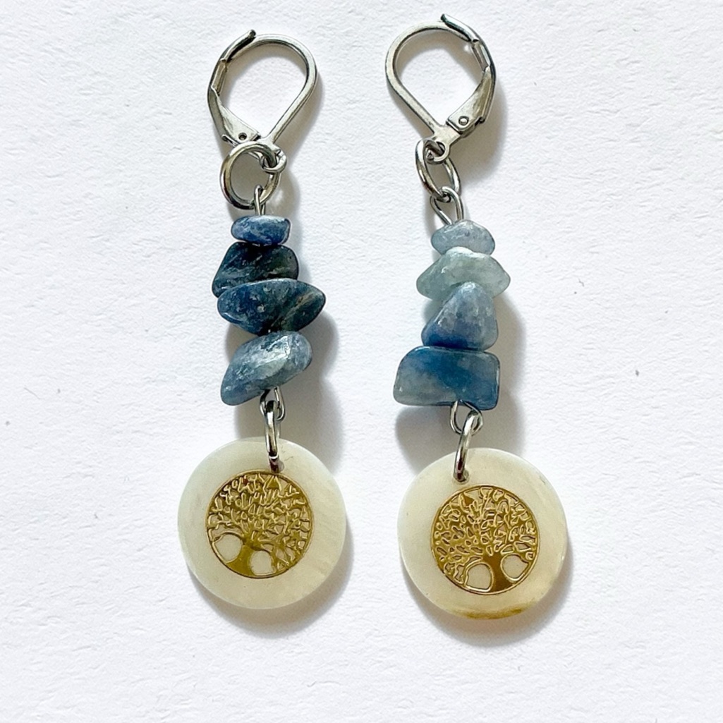 Gold Tree Of Life And Gemstones Earrings-Stainless Steel